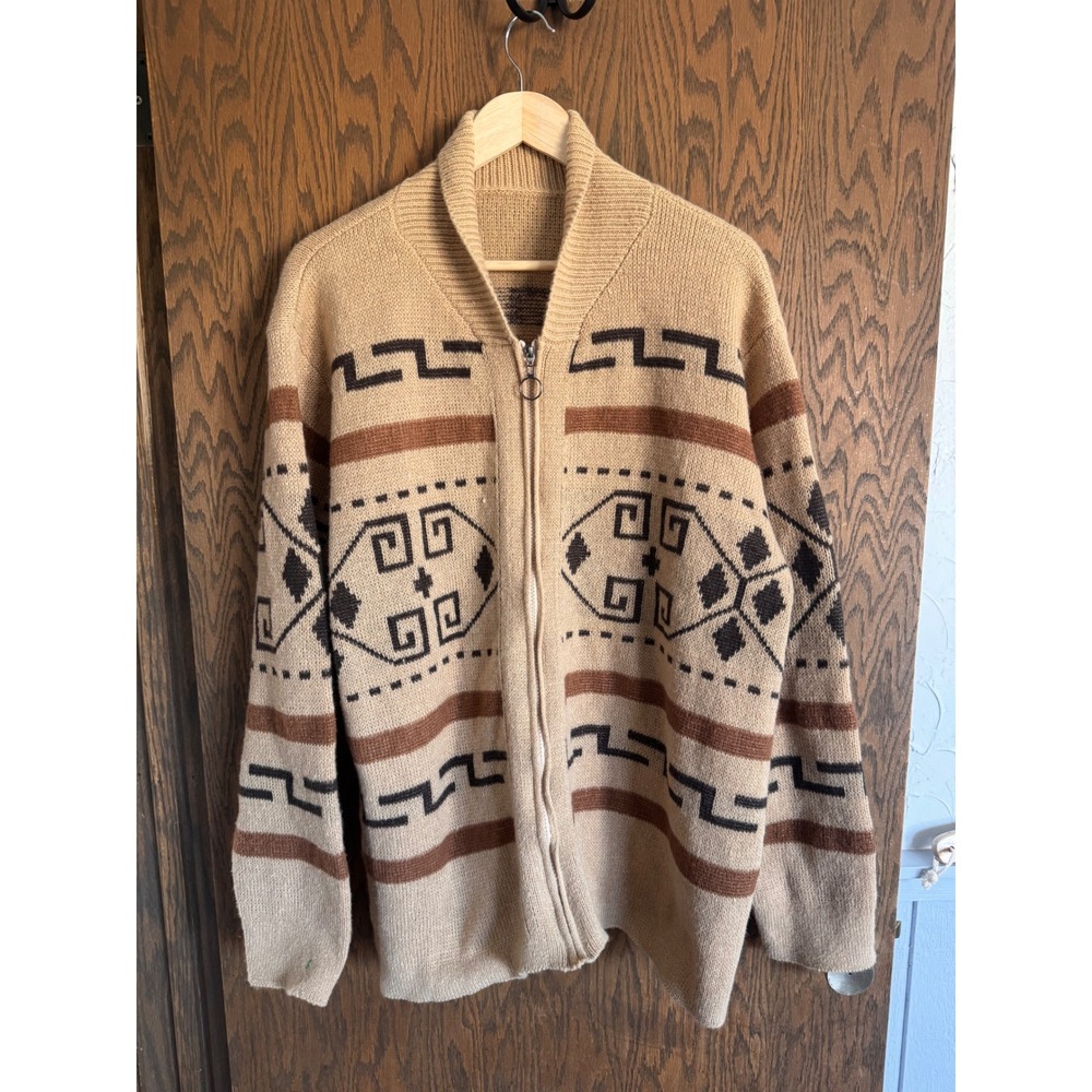 Southwestern Geometric Full Zip Cardigan Sweater Tan Brown 1XL Boho